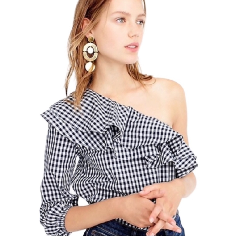 J Crew One-Shoulder Top in  Blue & White Gingham. Size 10.